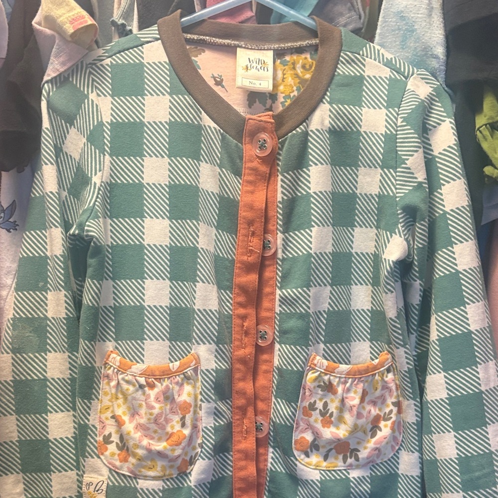 Wildflowers Teal and White Plaid Kids Jacket with Orange Trim